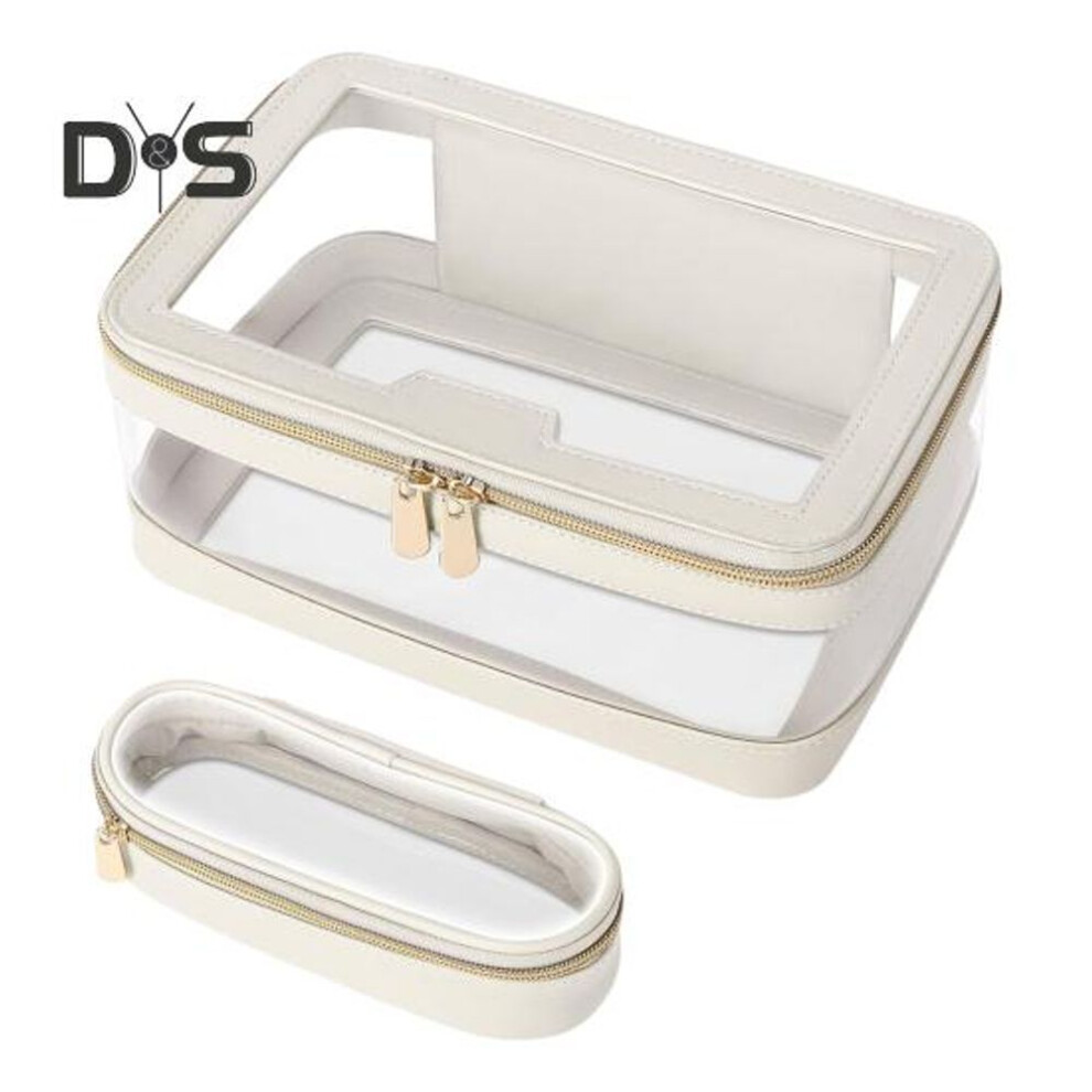 (white) 2 Pcs/set Clear Cosmetic Bag Zipper Closure Waterproof Large Capacity Portable Lightweight Lipstick Eyebrown Pencil Makeup Brush Travel Makeup Pouch