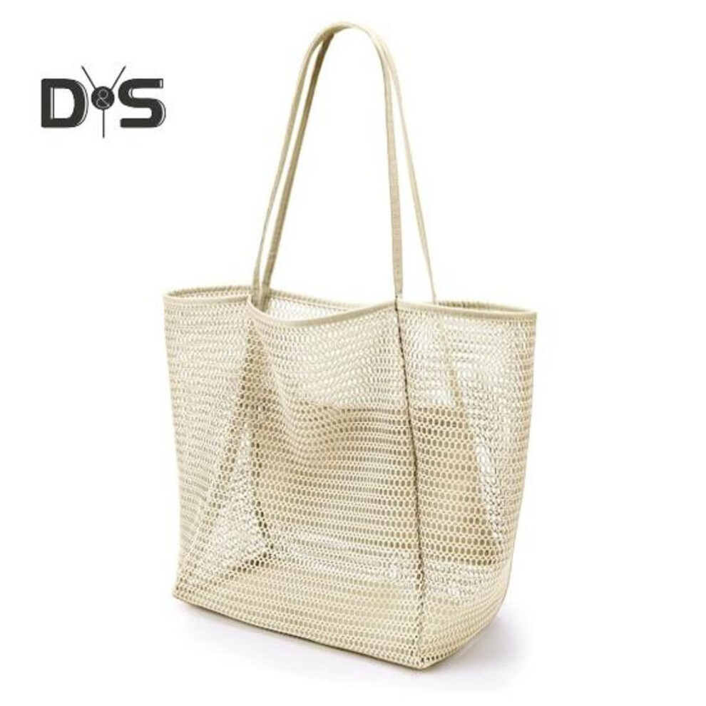 (beige) Women Beach Shoulder Bag Hollow Out See-through Mesh With Inner Pocket Large Capacity Foldable Shopping Commute School Tote
