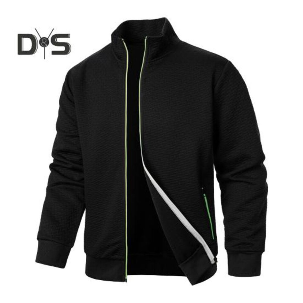(black, XXL) Men Jacket Stand Collar Long Sleeve Solid Color Jacquard Design Coat with Pockets Slim Fit Sweatshirt Outwear