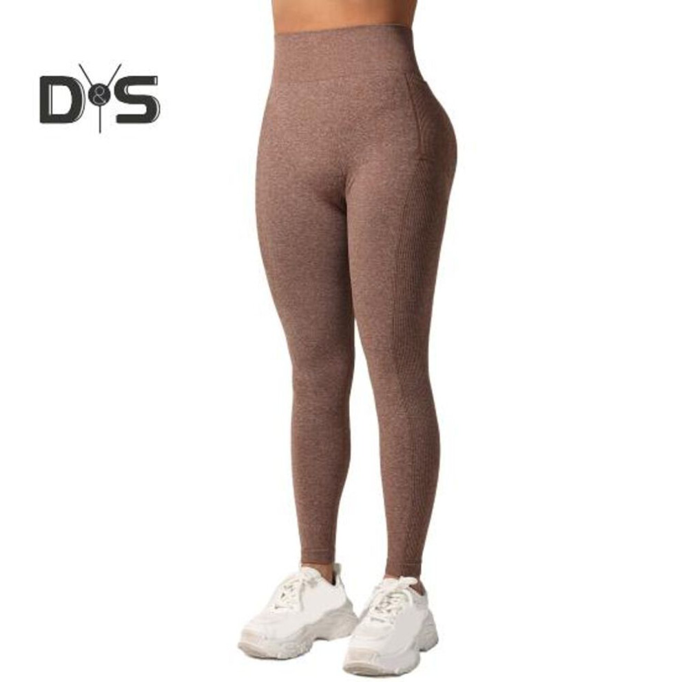 (brown, L) Women Yoga Pants High Waist Solid Color Ribbed Leggings With Side Pocket 3D Engineering Style Gym Trousers