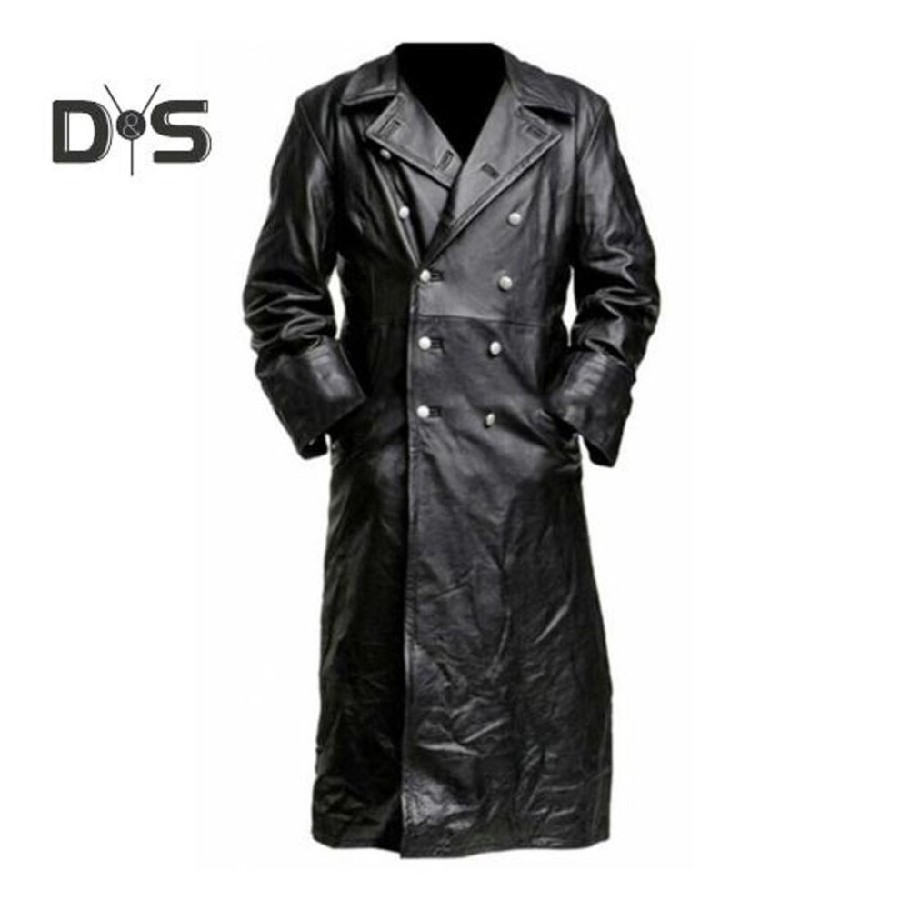 (black, L) Men Jacket Lapel Long Sleeve Double Breasted Faux Leather Jacket With Pockets Solid Color Mid-length Outerwear