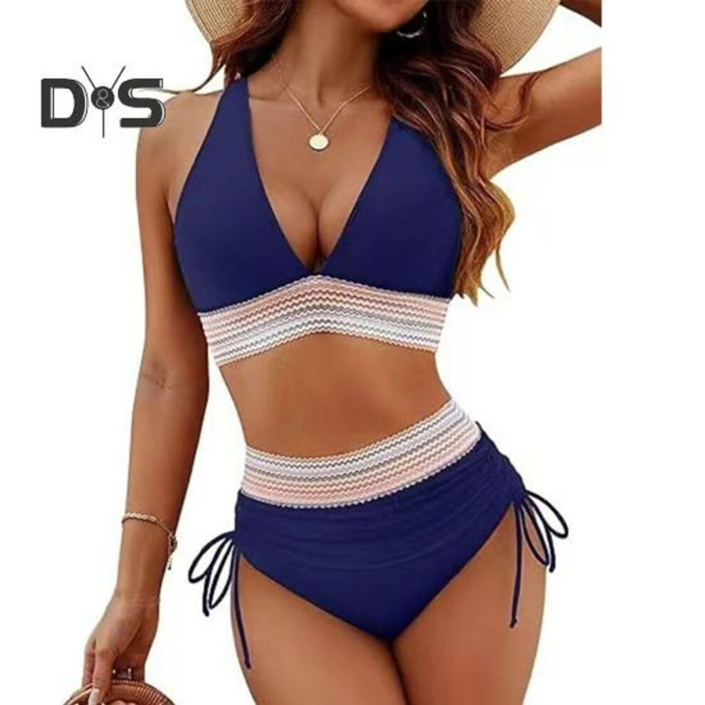 (M, navy blue) 2pcs/set Women Bikini Set Sexy Deep V-neck Swimming Bra High Waist Swimming Trunks Set Patchwork Color Swimsuit