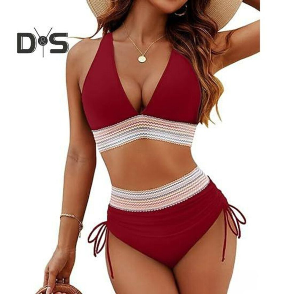 (XL, wine red) 2Pcs/Set Women Bikini Set Sexy Deep V-Neck Swimming Bra High Waist Swimming Trunks Set Patchwork Color Swimsuit