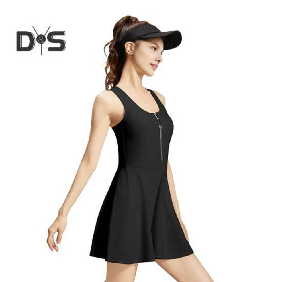 (black, L) Women Sport Dress With Chest Pads Sleeveless Racer Back Fitness Dress With Front Zipper Safety Shorts Athletic Wear