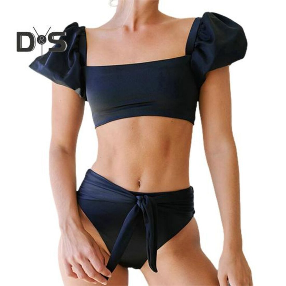(S, black) 2Pcs/Set Women Bikini Set Square Collar Puff Short Sleeve Bra Lace-up Tummy Control Swimming Briefs Set Bathing Suit