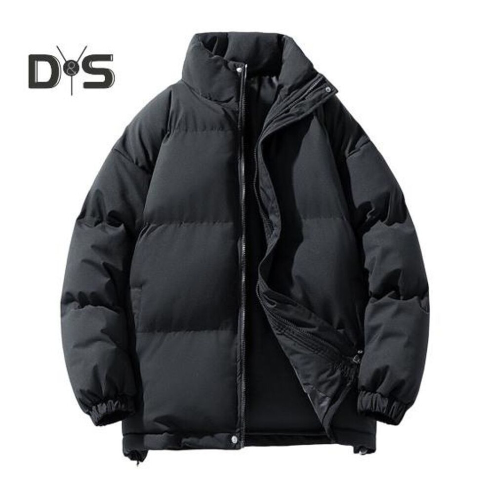 (black, 2XL) Winter Cotton Coat Stand-up Collar Long Sleeve Zipper Placket Puffer Jacket Pockets Solid Color Loose Fit Thickened Warm Outwear