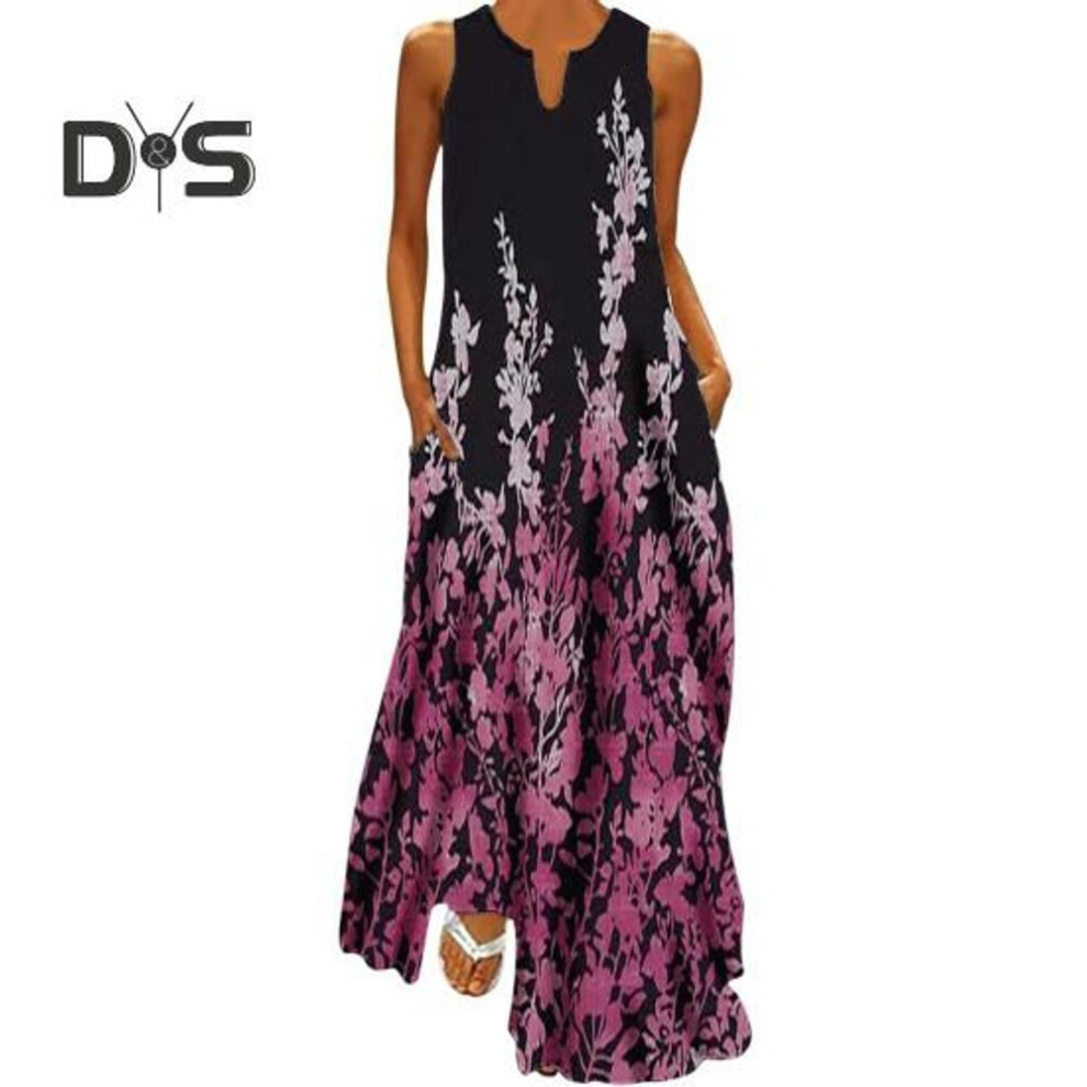 (as the picture, S A) Women Summer Dress V-neck Sleeveless Floral Print Maxi Dress with Pockets Loose Fit Flowy Long Sundress