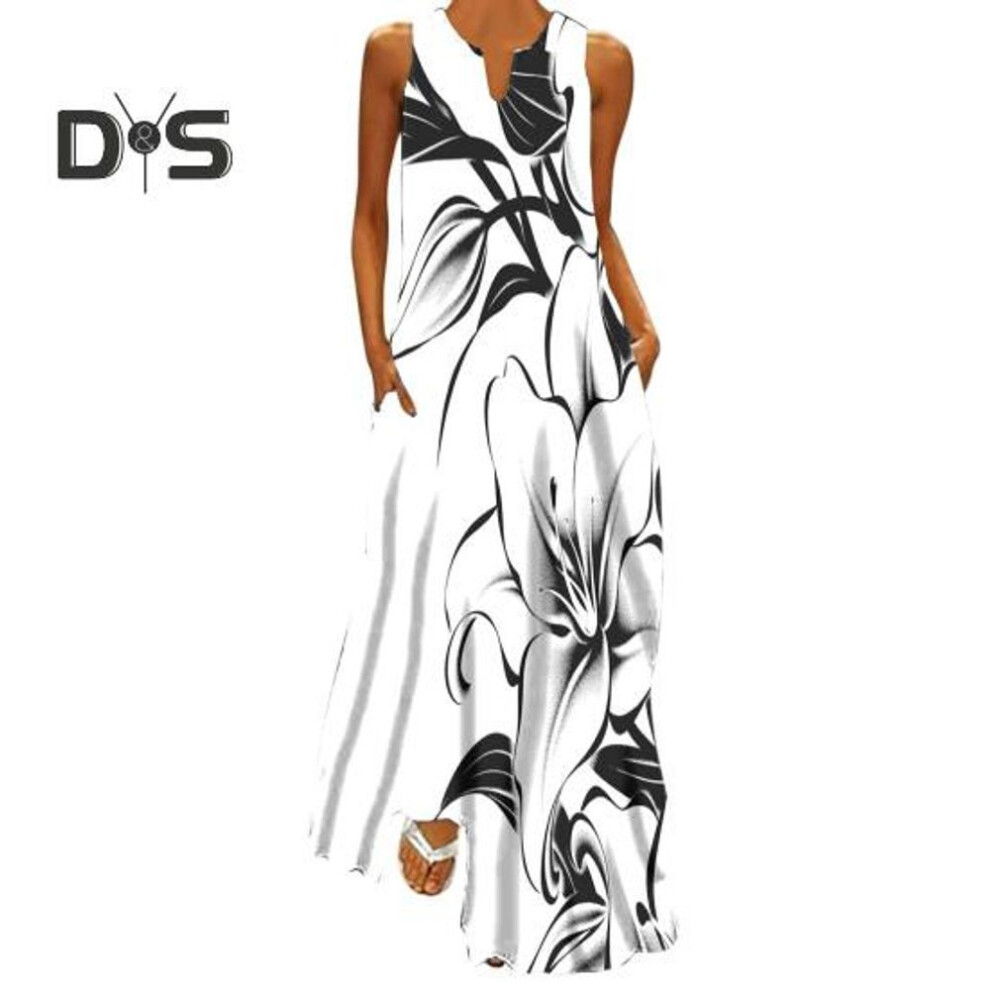 (as the picture, XXL D) Women Summer Dress V-neck Sleeveless Floral Print Maxi Dress with Pockets Loose Fit Flowy Long Sundress