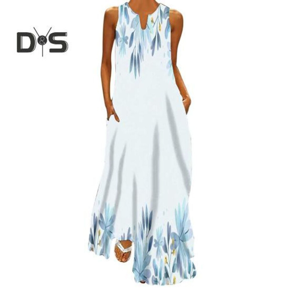 (as the picture, XL C) Women Summer Dress V-neck Sleeveless Floral Print Maxi Dress with Pockets Loose Fit Flowy Long Sundress