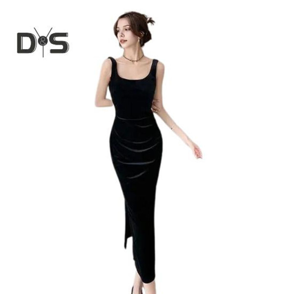 (black, L) Summer Women Evening Dress Sleeveless Slim Fit Backless Pure Color Split Hem Velvet U-shaped Neck Prom Cocktail Party Midi Dress