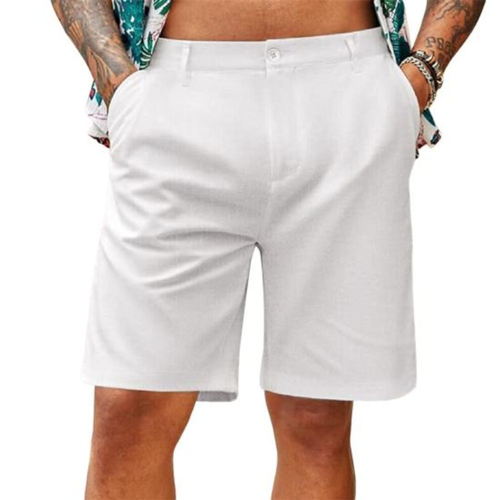 (white, XL) Men Shorts Mid-rise Button Zipper Closure Knee-length Shorts with 2 Side Pockets Casual Lightweight Summer Beach Shorts