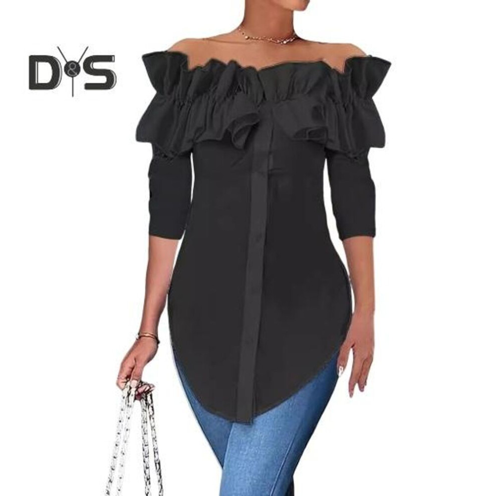 (M, black) Women Shirt Off Shoulder Ruffle Stitching Long Sleeve Shirt Tops Solid Color Single Breasted Casual Shirt