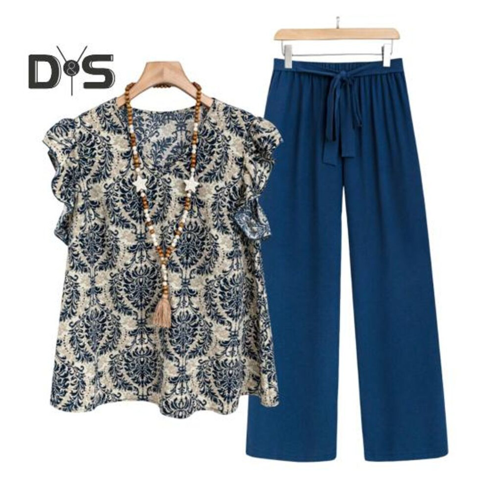 (blue, XL) 2 Pcs/Set Women Top Pants Set Round Neck Retro Printing Short Sleeves Blouse Wide Leg Elastic Waist Trousers Daily Leisure Grandmother Loose Outfit