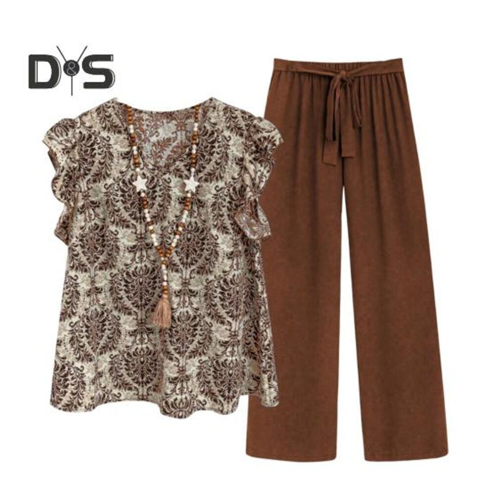 (dark brown, S) 2 Pcs/Set Women Top Pants Set Round Neck Retro Printing Short Sleeves Blouse Wide Leg Elastic Waist Trousers Daily Leisure Grandmother Loose Outfit