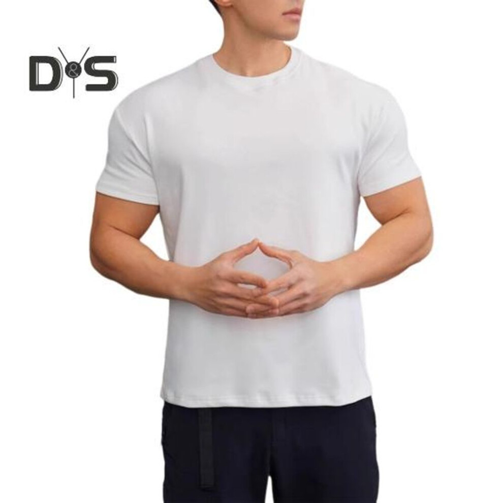 (white, L) Summer Gym Top Round Neck Slim Fit Muscular Men Training T-shirt Short Sleeves Stretchy Slim Fit Jogging Exercise Tee
