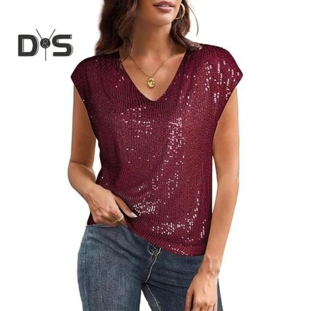 (L, wine red) Women T-shirt V-neck Sleeveless Glitter Sequin T-shirt Solid Color Loose Fit Pullover Tops Daily Wear