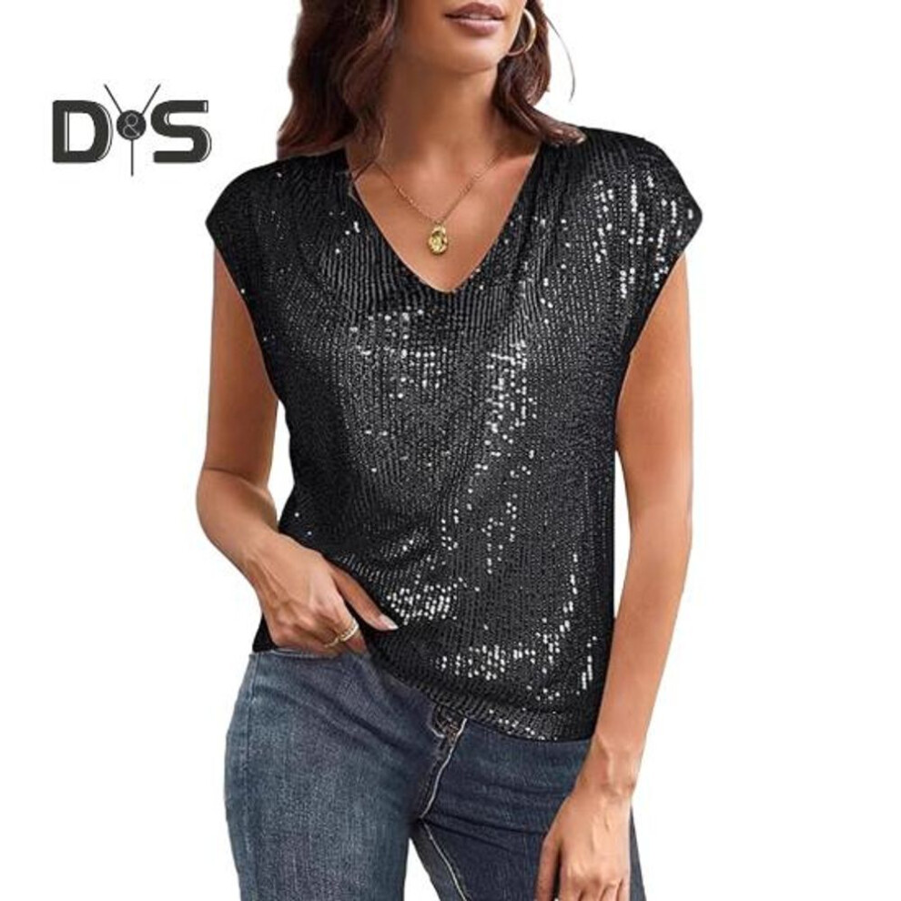 (XL, black) Women T-shirt V-neck Sleeveless Glitter Sequin T-shirt Solid Color Loose Fit Pullover Tops Daily Wear
