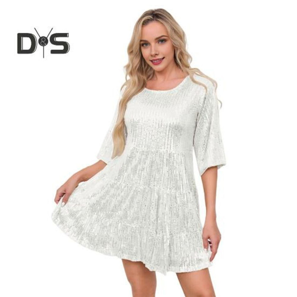 (white, S) Evening Dress Round Neck Short Sleeves Sequin A-line Loose Hem Mini Dress Summer Spring Solid Color Dress