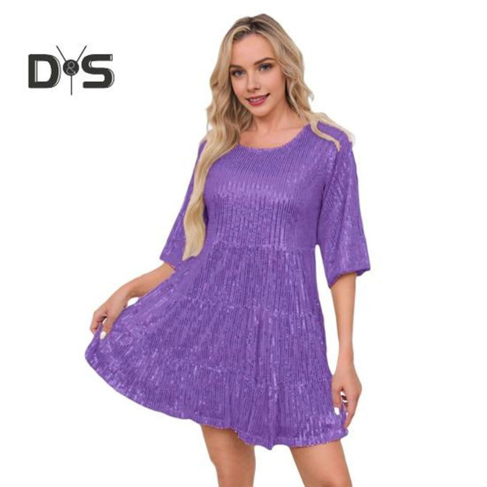 (purple, XL) Evening Dress Round Neck Short Sleeves Sequin A-line Loose Hem Mini Dress Summer Spring Solid Color Dress