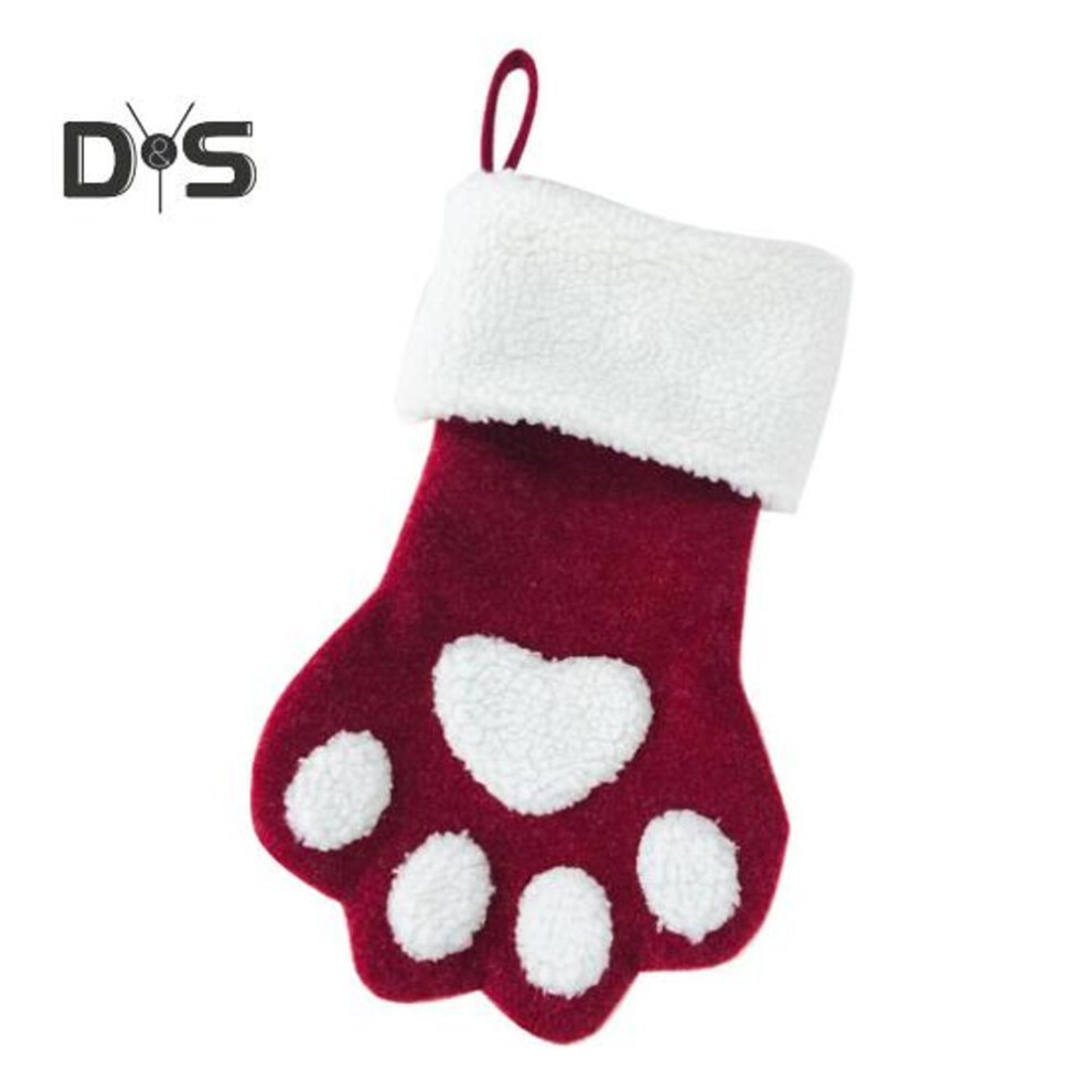 (red) Christmas Stocking Xmas Fireplace Hanging Stocking Pet Paw Shape Holiday Sock With Plush Cuff For Home Decoration