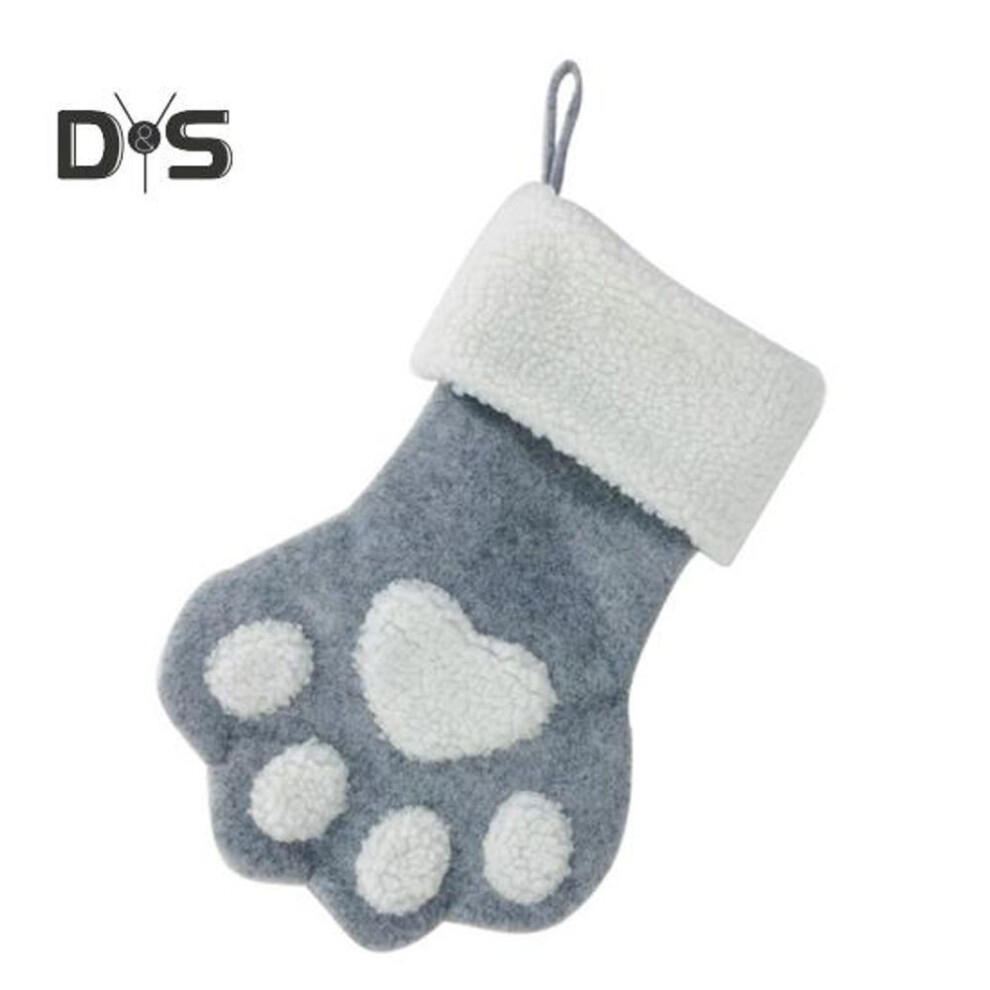 (grey) Christmas Stocking Xmas Fireplace Hanging Stocking Pet Paw Shape Holiday Sock with Plush Cuff for Home Decoration