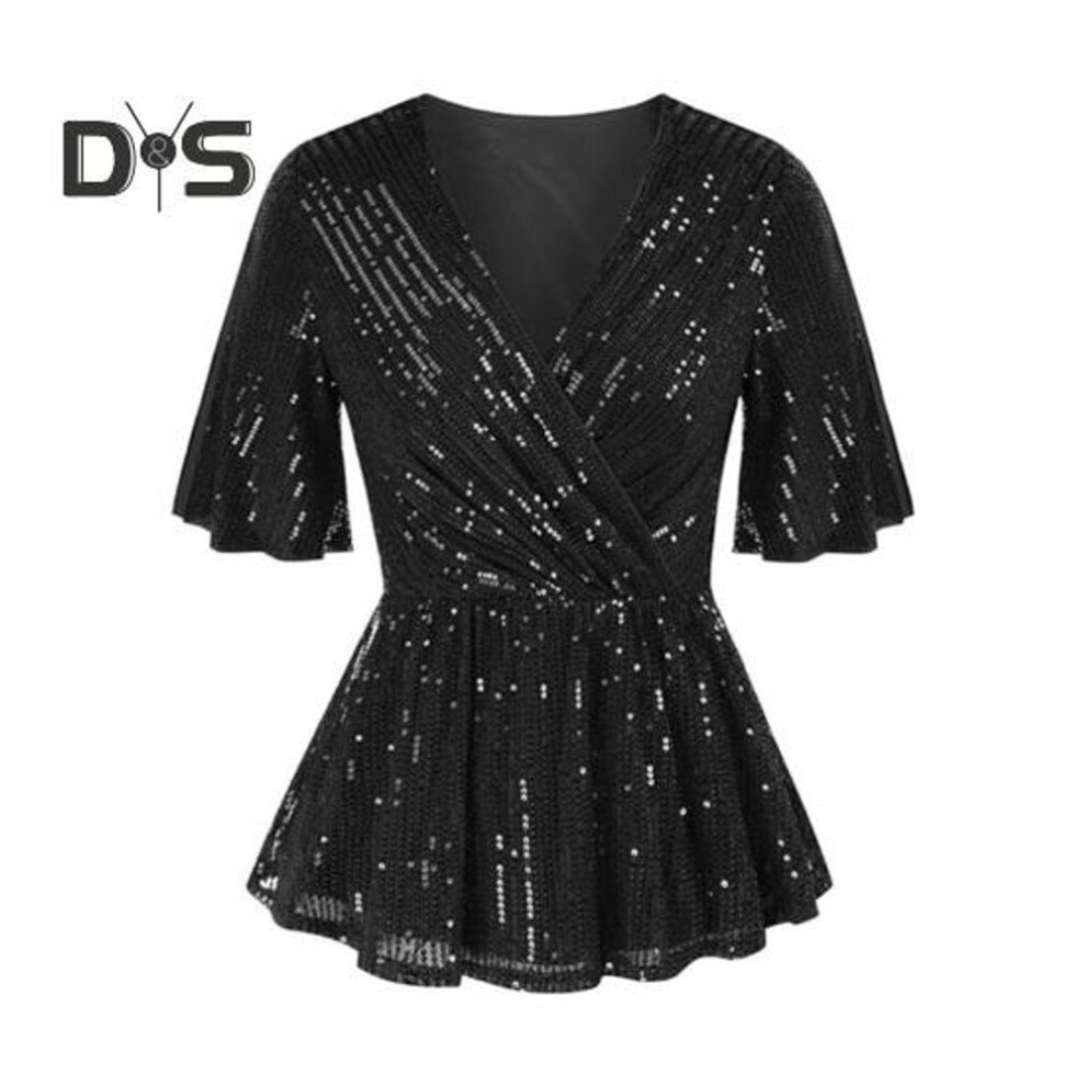 (XXL, black) Women Sequin Tops V-neck Ruffle Sleeves Glitter Blouses Waist Tight Elastic Hem Evening Cocktail Shiny Tops