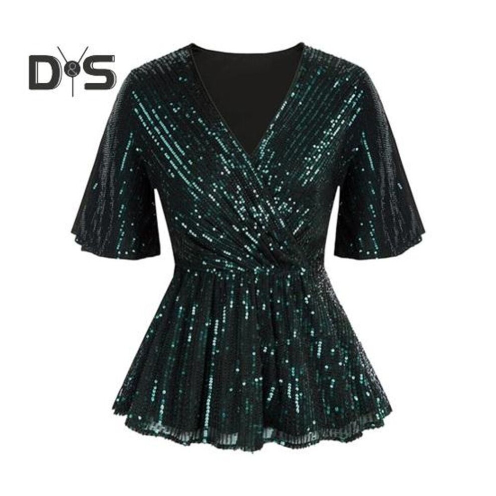 (M, dark green) Women Sequin Tops V-neck Ruffle Sleeves Glitter Blouses Waist Tight Elastic Hem Evening Cocktail Shiny Tops