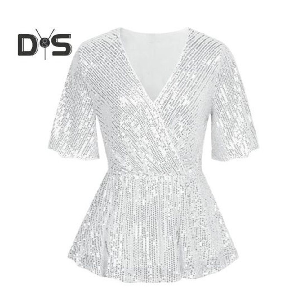 (S, white) Women Sequin Tops V-neck Ruffle Sleeves Glitter Blouses Waist Tight Elastic Hem Evening Cocktail Shiny Tops