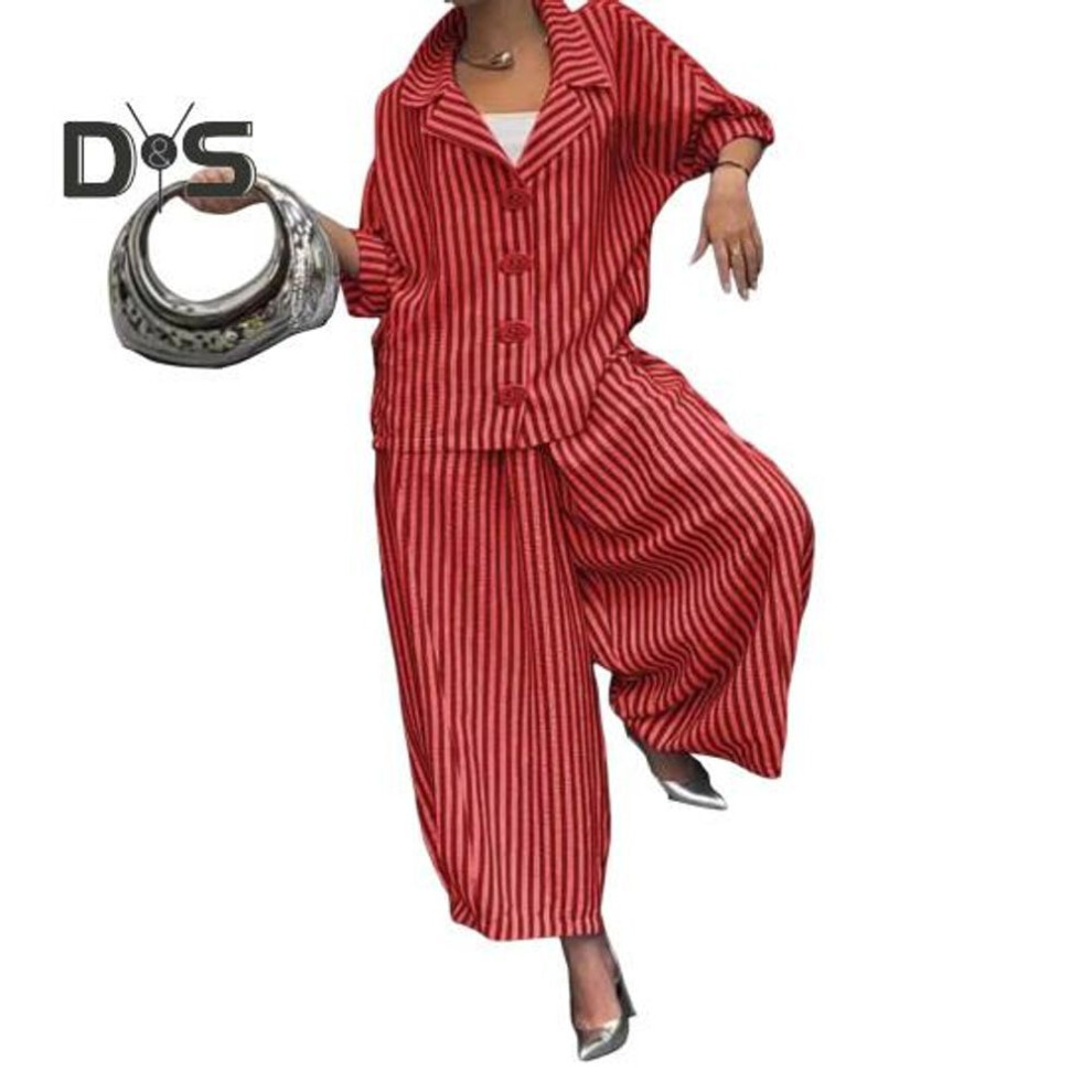 (red, XL) Women's Casual Suit Long-Sleeved Shirt Top Wide-Leg Harem Pant 2-piece Set Autumn Lapel Striped Nine-Point Pant Female Outfit Suit