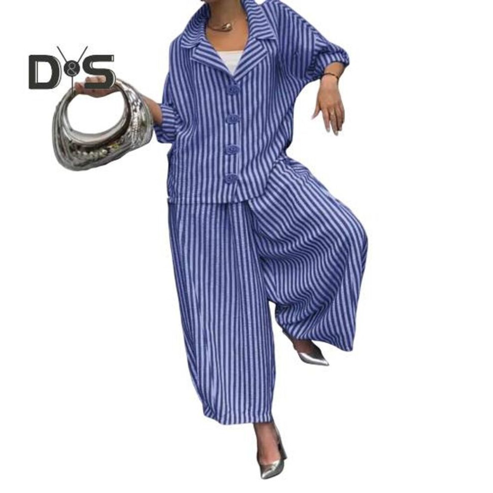 (blue, XXXL) Women's Casual Suit Long-Sleeved Shirt Top Wide-Leg Harem Pant 2-piece Set Autumn Lapel Striped Nine-Point Pant Female Outfit Suit