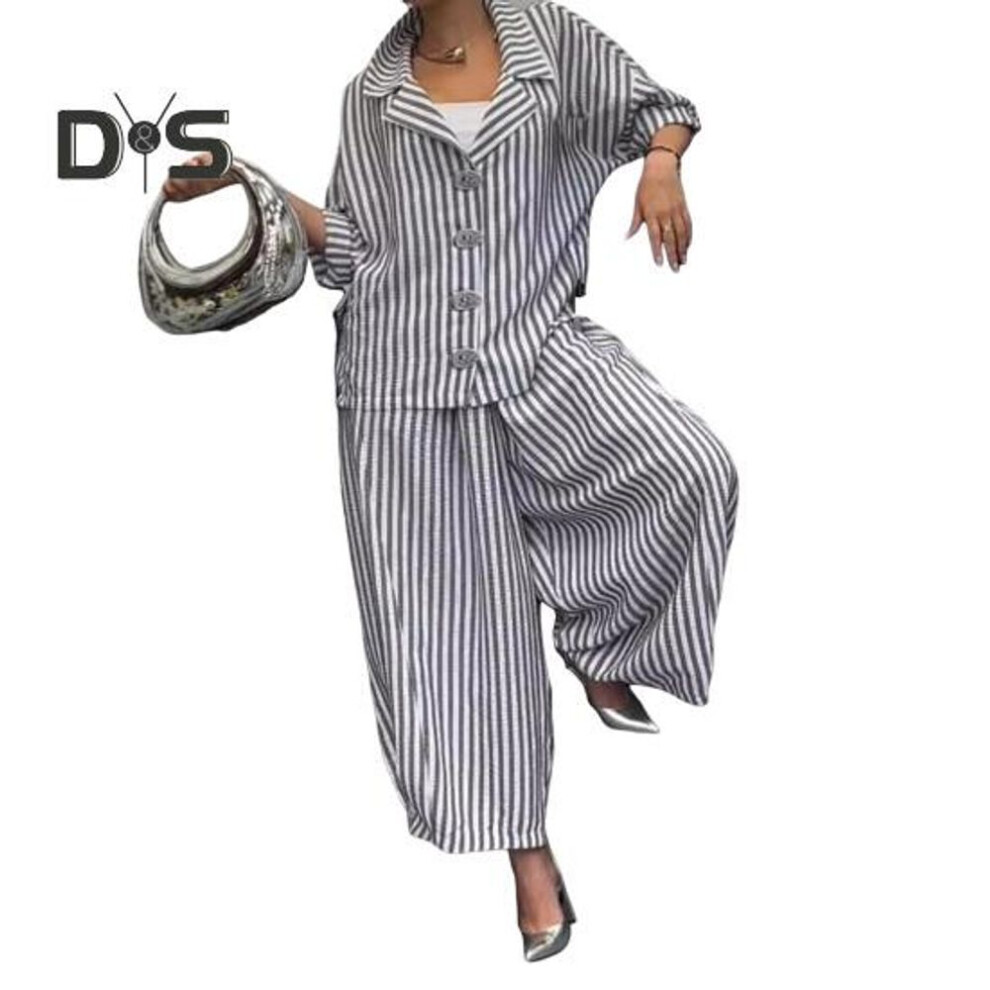(grey, XXL) Women's Casual Suit Long-Sleeved Shirt Top Wide-Leg Harem Pant 2-piece Set Autumn Lapel Striped Nine-Point Pant Female Outfit Suit