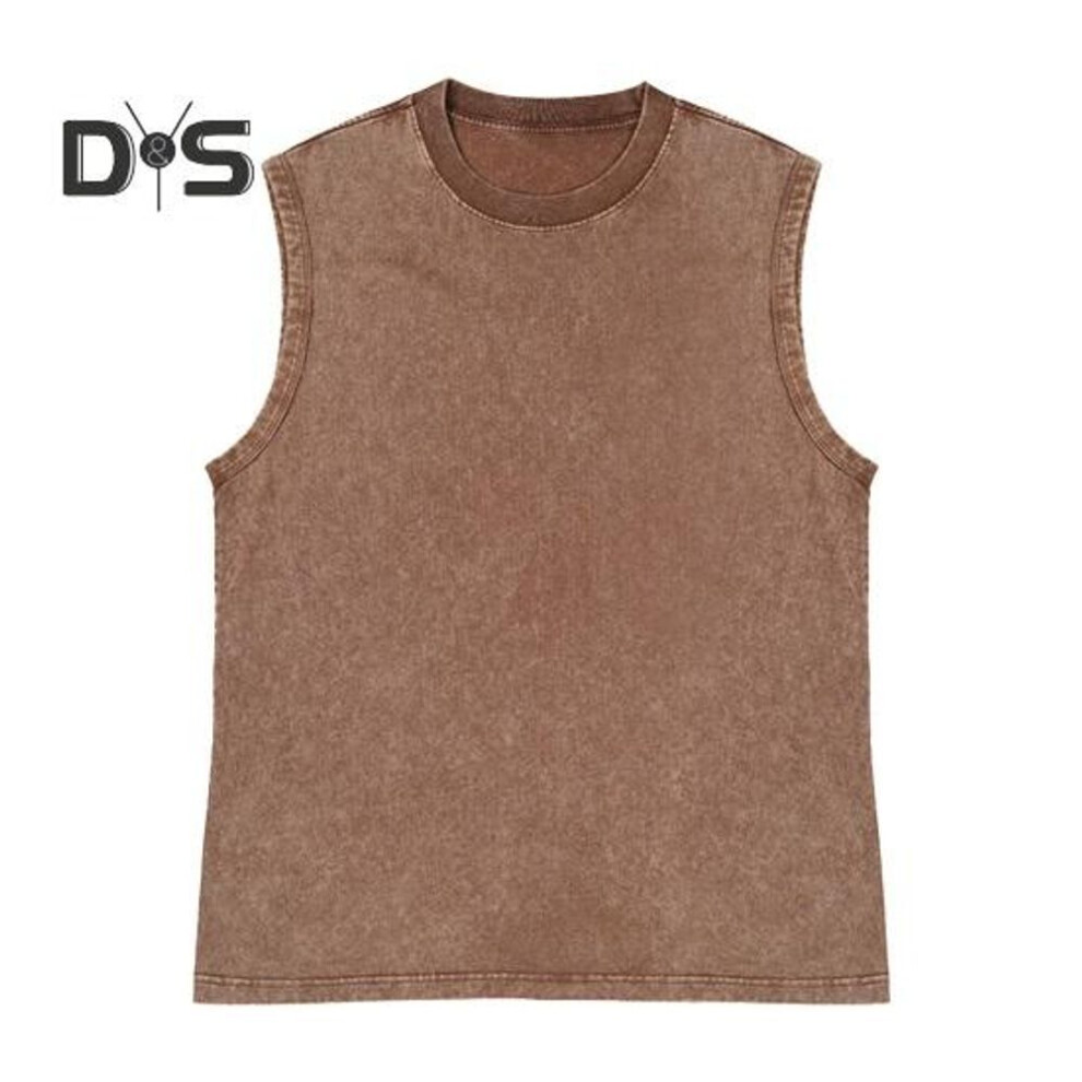 (coffee, L) Unisex Retro Vest O-neck Sleeveless Loose Fit T-shirt Solid Color Washed Distressed Tank Tops Men Women Vest Streetwear