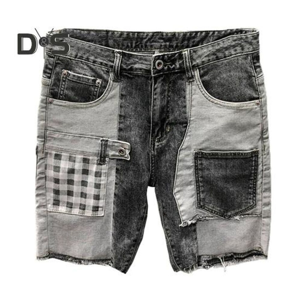 (black gray, XL) Men Summer Denim Shorts Mid-rise Button Zipper Fly Denim Shorts Multiple Pockets Patchwork Color Baggy Ripped Short Jeans Streetwear