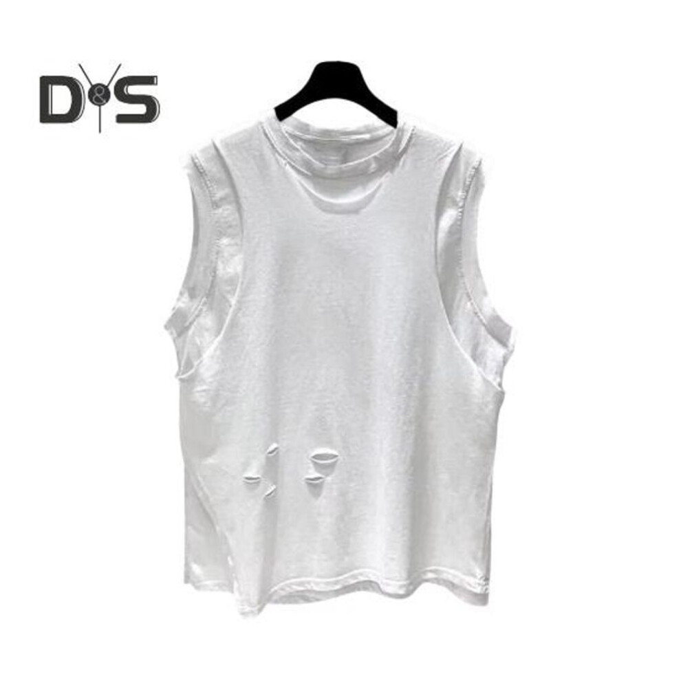 (white, 3XL) Men Summer Casual Vest O-neck Sleeveless Loose Fit Tank Tops Solid Color Ripped Holes Street Style Vest Bottoming T-shirt
