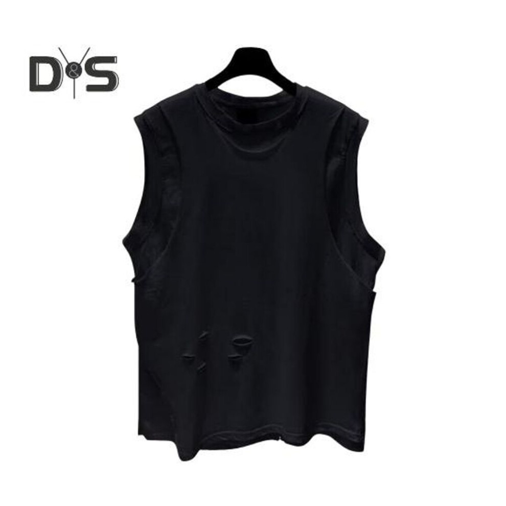 (black, L) Men Summer Casual Vest O-neck Sleeveless Loose Fit Tank Tops Solid Color Ripped Holes Street Style Vest Bottoming T-shirt