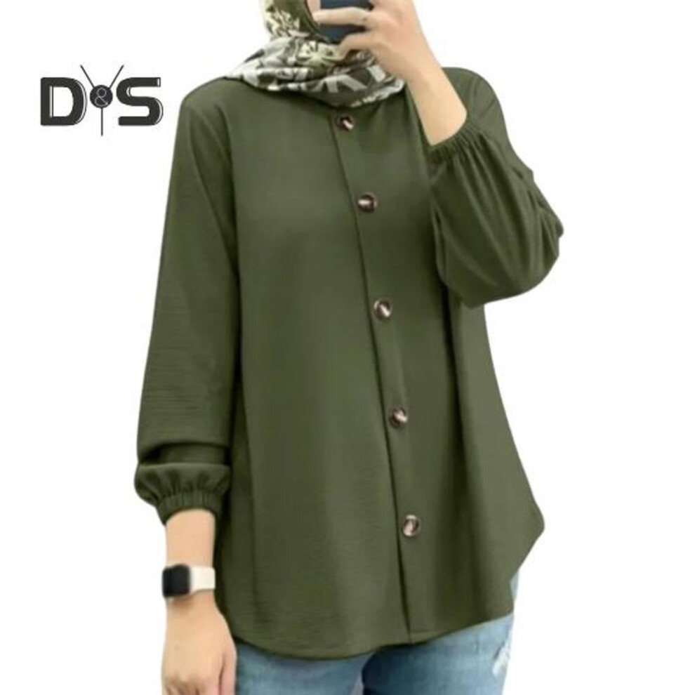 (3XL, army green) Women Spring Fall Shirt Single Breasted Round Neck Long Sleeve Loose Button Down Soft Breathable Casual Elastic Cuff Mid Length Lady Top Blouse