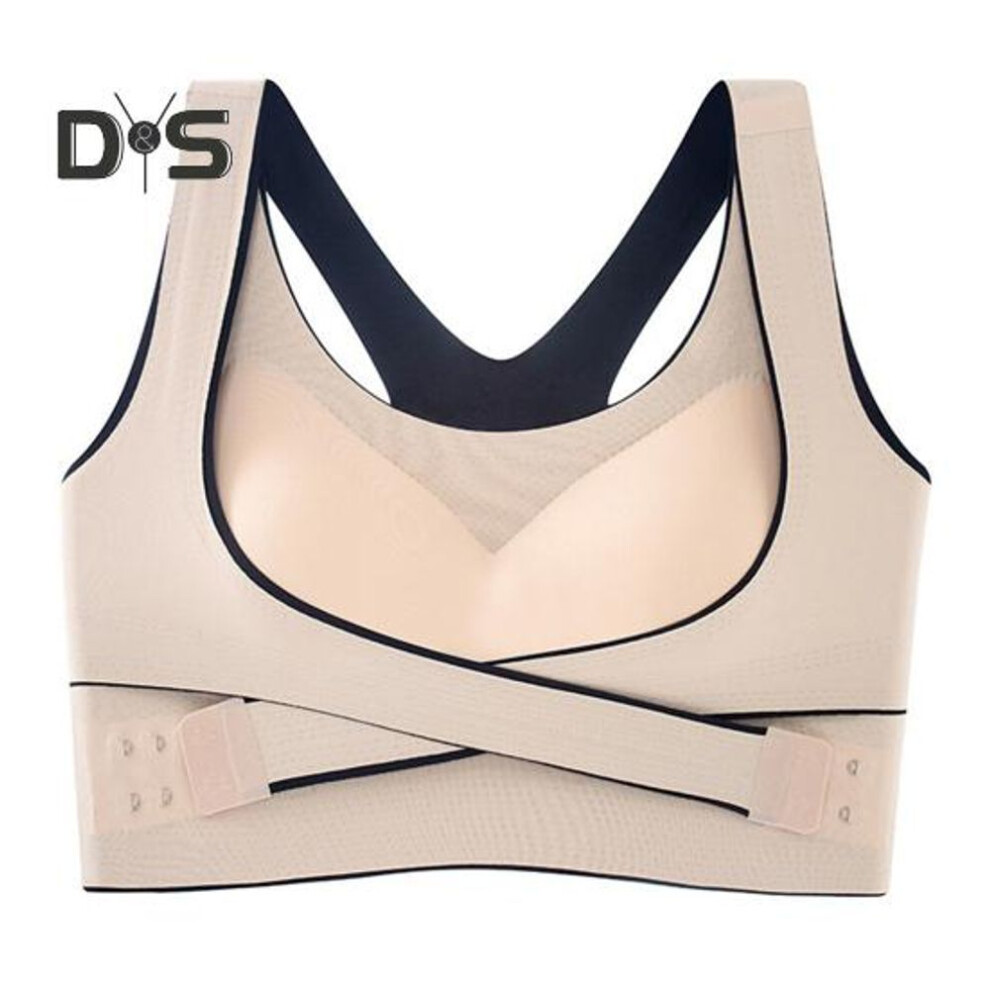 (beige, M) Women Bra Shockproof Back Correction Elastic Push Up Anti Snagging Cross Strap Closure Soft Breathable Padded Wireless Plus Size Lady Sport Bra