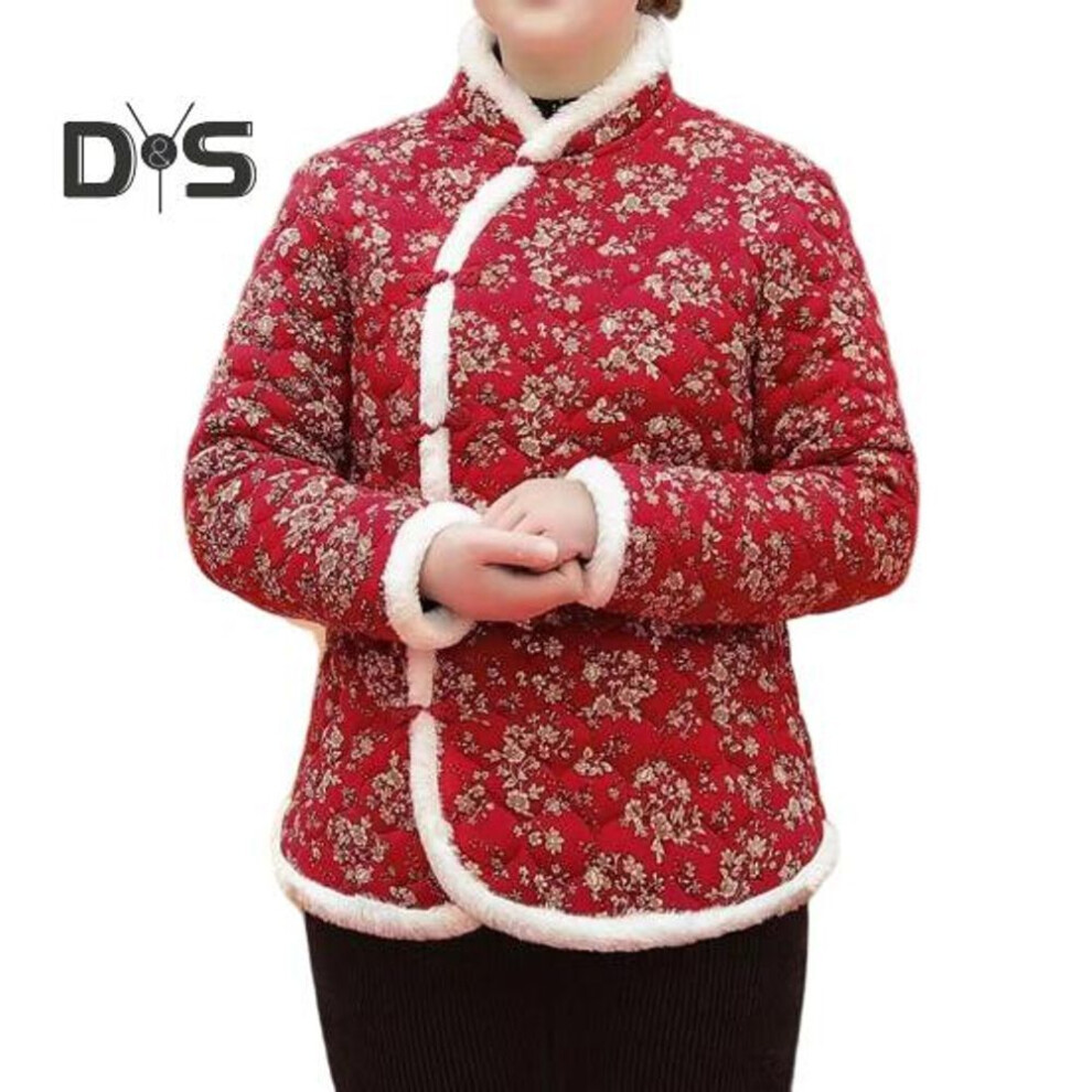 (red, 3XL) Women Winter Cotton Coat Flower Print Sleeveless Chinese Ethnic Style Color Matching Padded Thick Plush Warm Single Breasted Lady Plus Size Coat