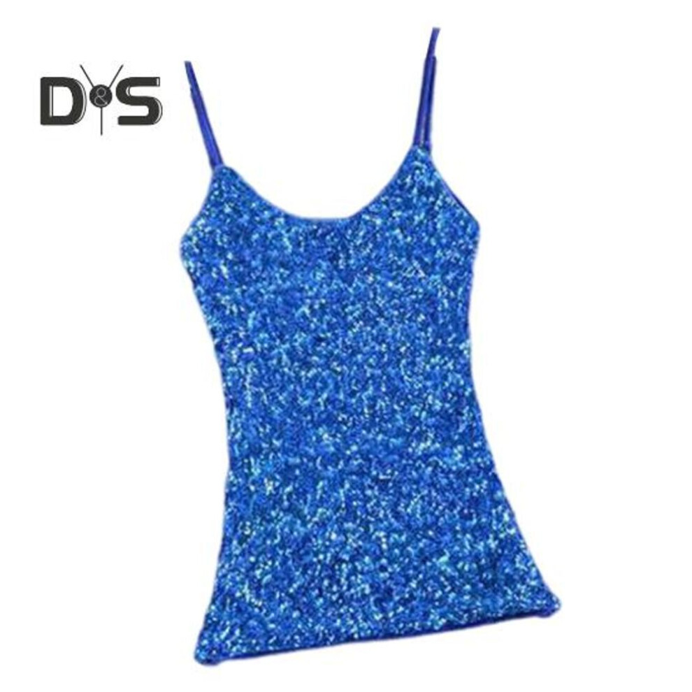 (dark blue) Women Summer Vest Top Shiny Sequin Sleeveless Adjustable Spaghetti Strap O Neck Slim Fit Soft Pullover Elastic Sparkling Stage Show Performance Tank