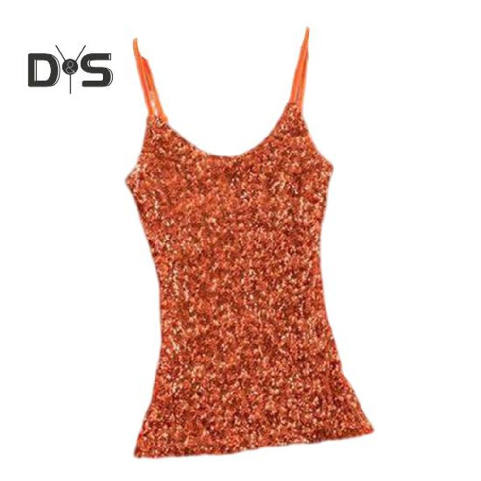 (orange) Women Summer Vest Top Shiny Sequin Sleeveless Adjustable Spaghetti Strap O Neck Slim Fit Soft Pullover Elastic Sparkling Stage Show Performance Tank