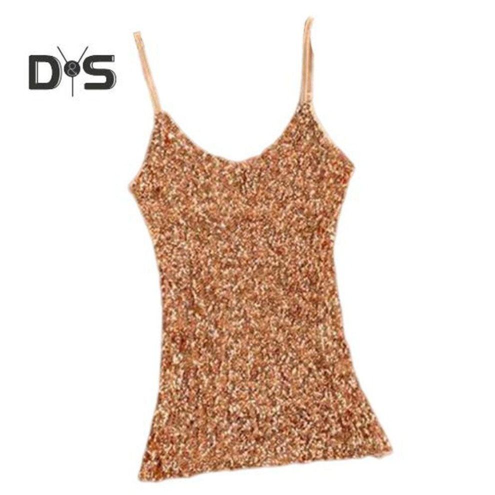 (golden) Women Summer Vest Top Shiny Sequin Sleeveless Adjustable Spaghetti Strap O Neck Slim Fit Soft Pullover Elastic Sparkling Stage Show Performance Tank