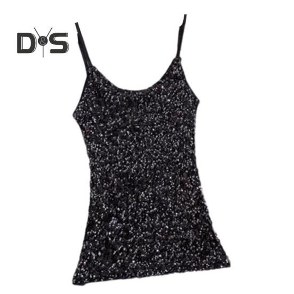 (black) Women Summer Vest Top Shiny Sequin Sleeveless Adjustable Spaghetti Strap O Neck Slim Fit Soft Pullover Elastic Sparkling Stage Show Performance Tank