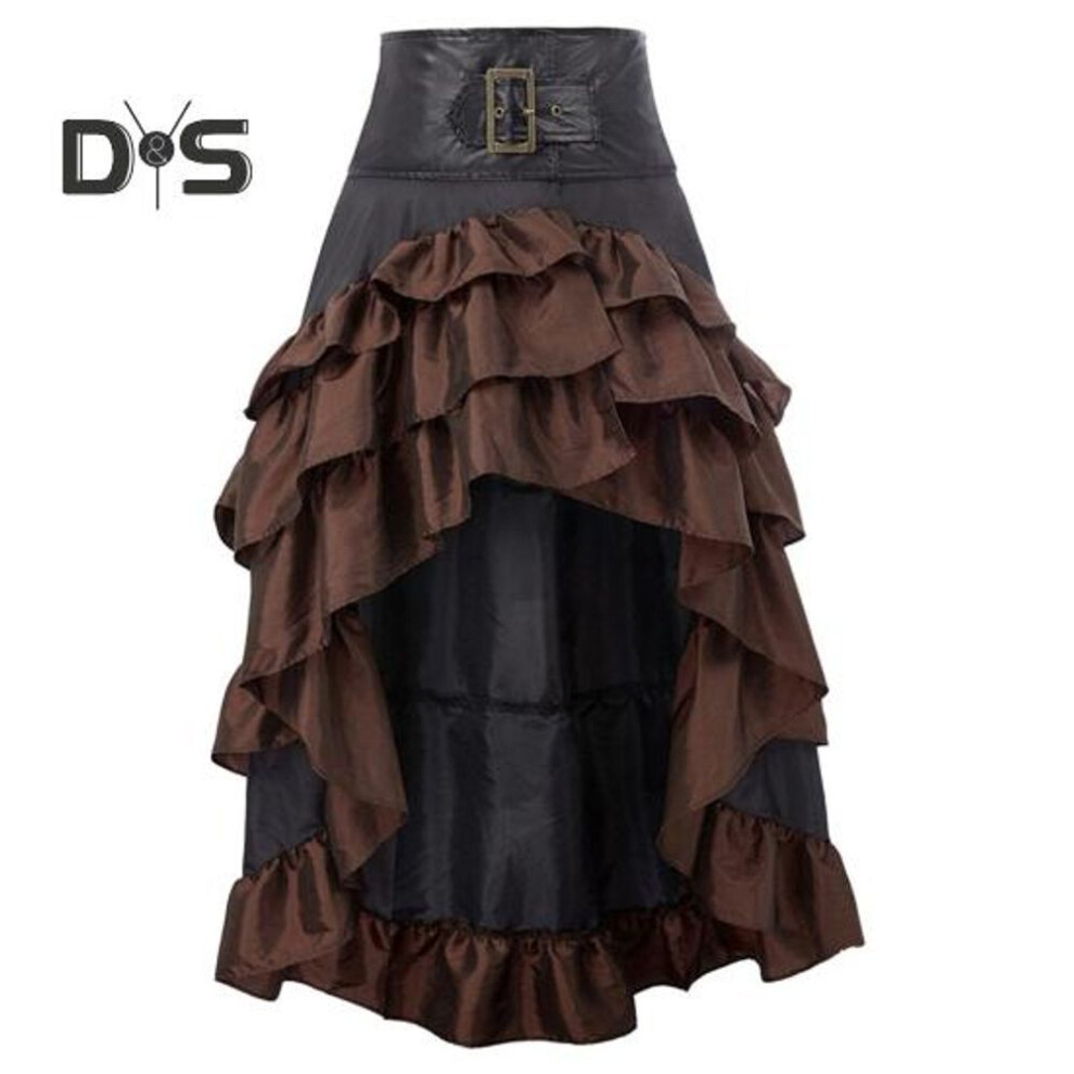 (L, brown) Women Skirt High Waist Irregular Ruffle Patchwork Color Matching Retro Scattered Medieval Royal Style Lady Maxi Skirt Performance Costume