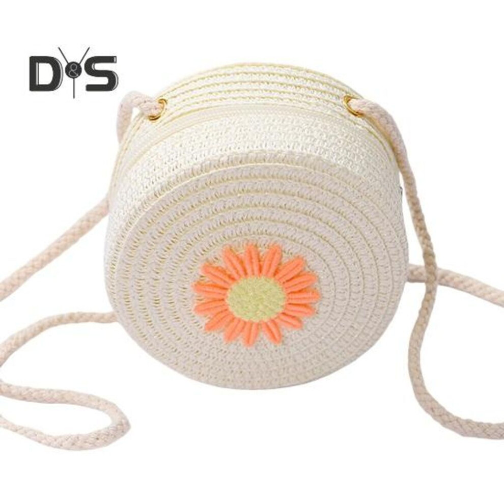 (white) Children Shoulder Bag Straw Woven Flower Decor Pastoral Style Crossbody Bag Zipper Closure Adjustable Strap Sling Bag For Daily Party Work Dating