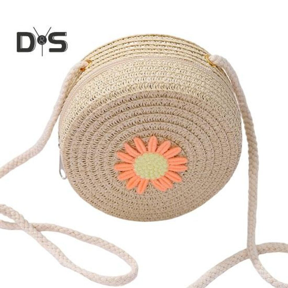 (beige) Children Shoulder Bag Straw Woven Flower Decor Pastoral Style Crossbody Bag Zipper Closure Adjustable Strap Sling Bag For Daily Party Work Dating