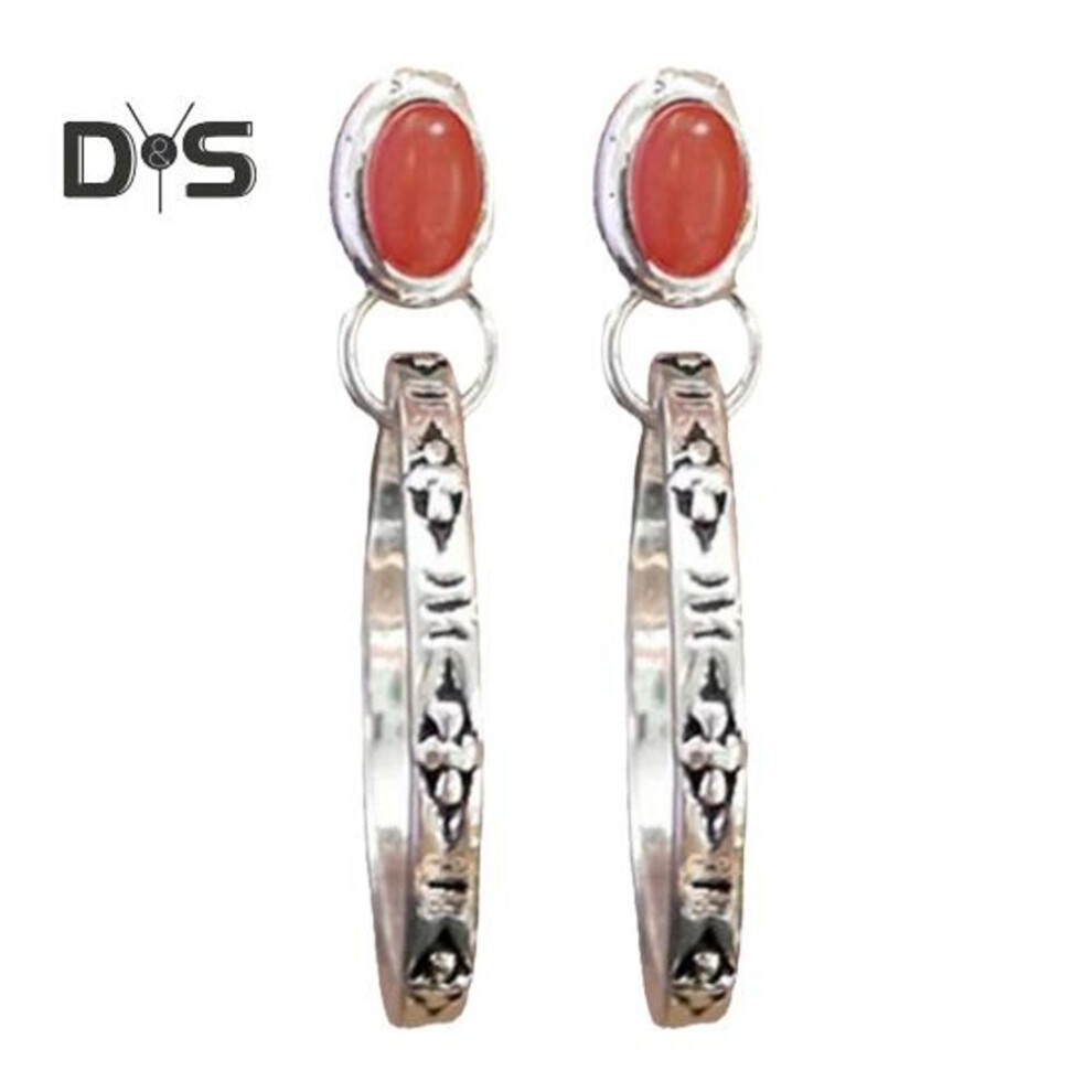 (red) 1 Pair Women Bohemian Earrings Faux Turquoise Vintage Style Jewelry Faux Agate Engraved Round Shape Hoop Earrings Prom Travel Dangle Earrings