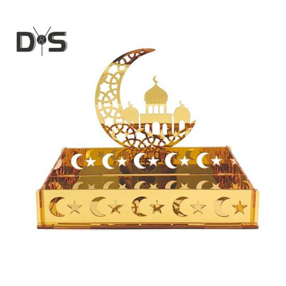 (as the picture, A) Eid Dessert Tray Acrylic Mirror Moon Star Plate Islamic Serving Tray Rectangle Cakes Dates Fruits Cookies Display Tray Kitchen Storage Basket for
