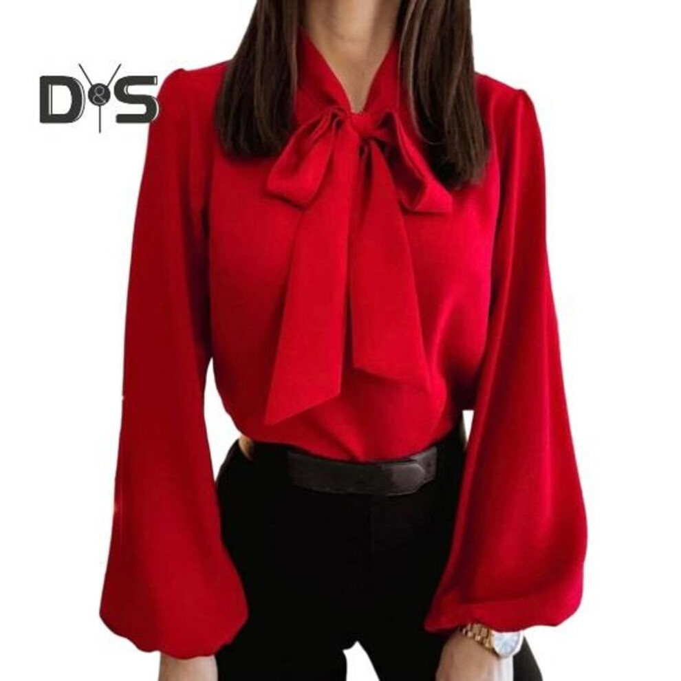 (L, red) Women Shirt Spring Fall Elegant Bowknot Tie Loose Fit Soft Breathable Solid Color Ladies Female Casual Long Sleeves Top Blouse