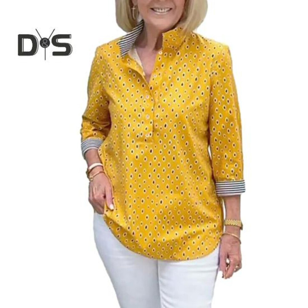 (L, yellow) Women Shirt Stand Collar Dot Print Three Quarter Sleeve Loose Soft Breathable Casual Striped Button Mid Length Spring Fall Blouse