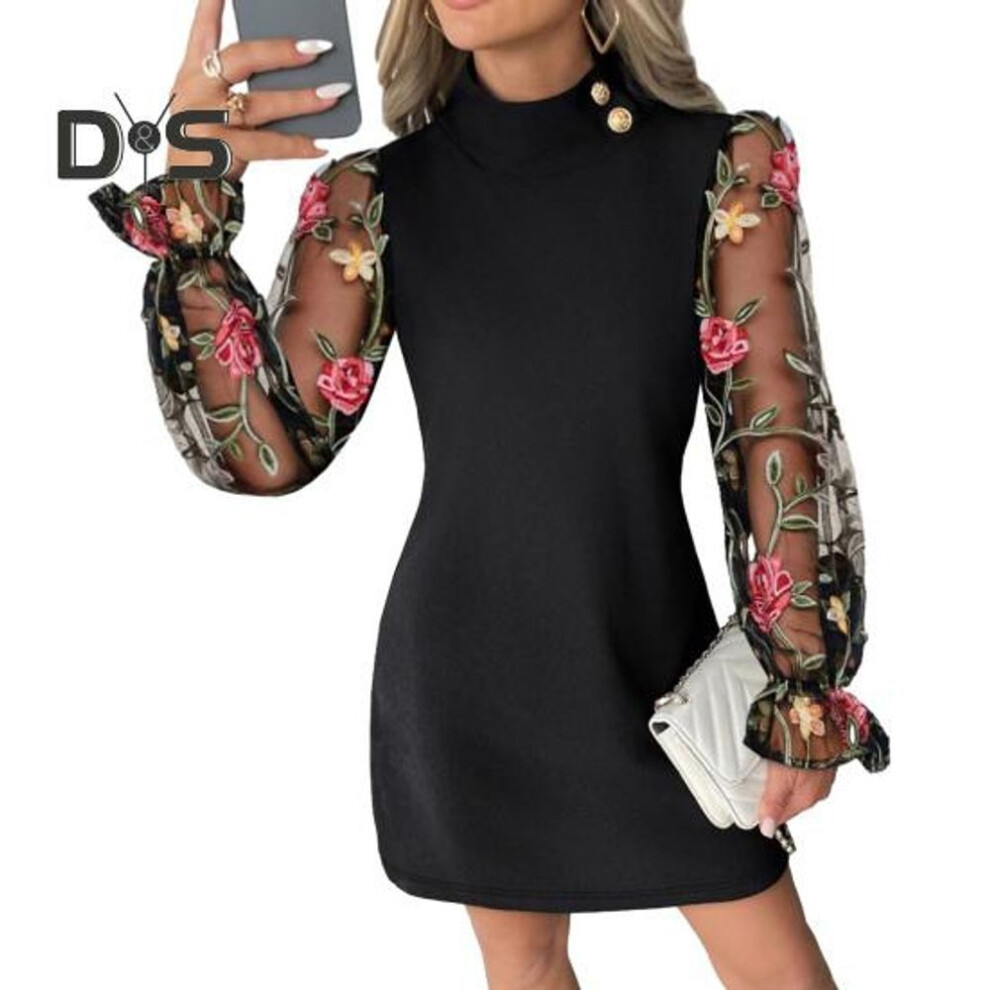 (black, M) Women Fall Spring Dress Flower Embroidery See Through Mesh Sheath Tight Waist Long Sleeve Solid Color O Neck Button Decor Lady Mini Dress
